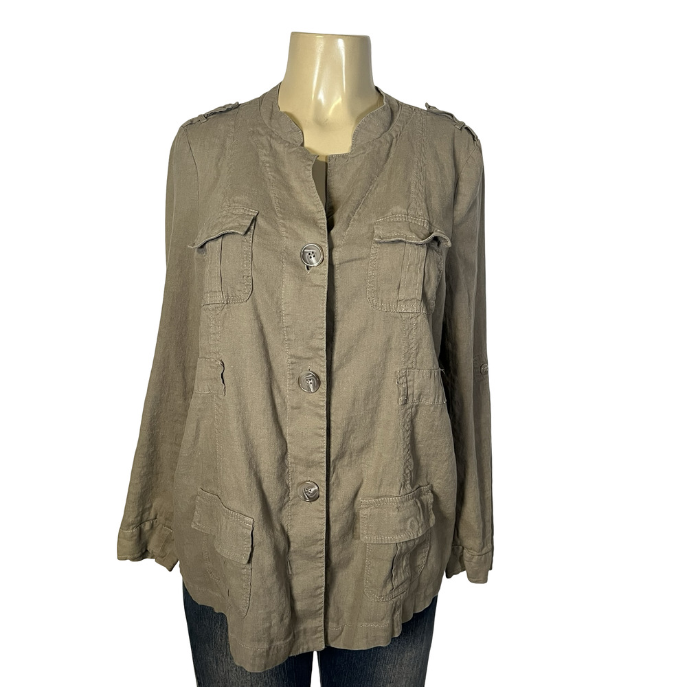 A Pea In The Pod Linen Jacket Womens Medium Beige Military Maternity Pockets
